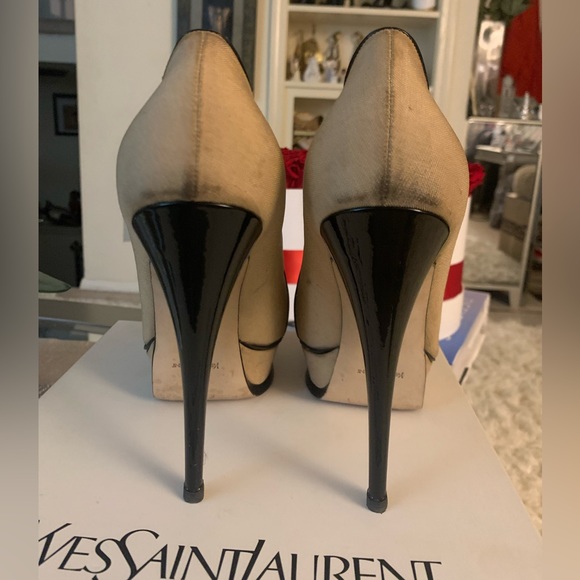 YVES SAINT LAURENT RIVE GAUCHE Beige Peep Toe Platforms heels SZ 9.5 🔥🔥🔥 - Picture 11 of 14